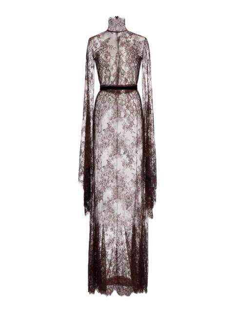ZUHAIR MURAD Lace Silk-Blend High-Neck Long Dress brown
