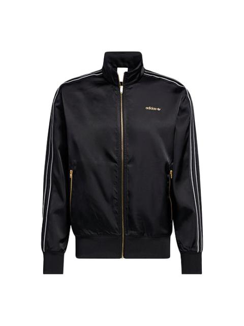 Men's adidas originals Stand Collar Stripe Zipper Ribbed Cuff Long Sleeves logo Sports Jacket Black 