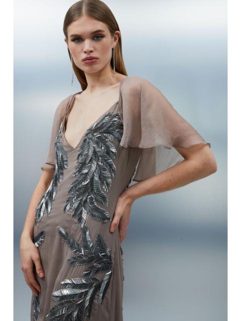 KAREN MILLEN Petite Feather Embellished Woven Cape Sleeve Maxi Dress