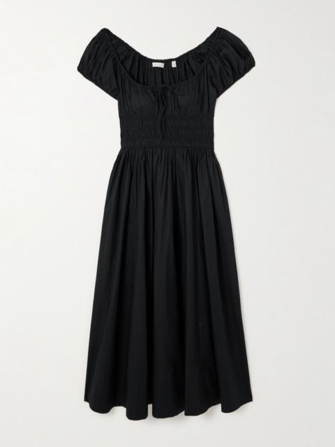 DÔEN Quinn tie-detailed shirred organic cotton-poplin midi dress Black