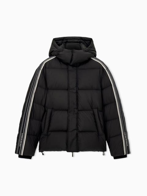 EMPORIO ARMANI QUILTED DOWN JACKET WITH HOOD AND STRIPES ON SLEEVES