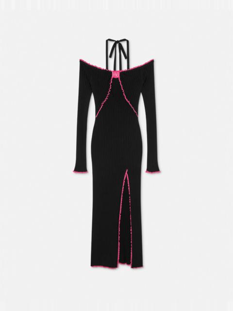 V-Emblem Ribbed Knit Long Dress