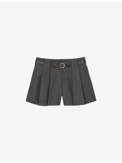 Sandro Belted-Waist High-Rise Pleated Stretch-Woven Shorts