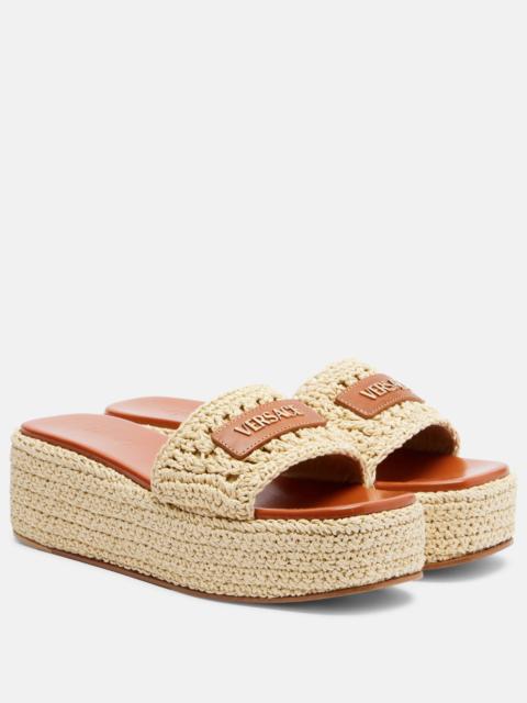 VERSACE Logo raffia platform espadrille slides