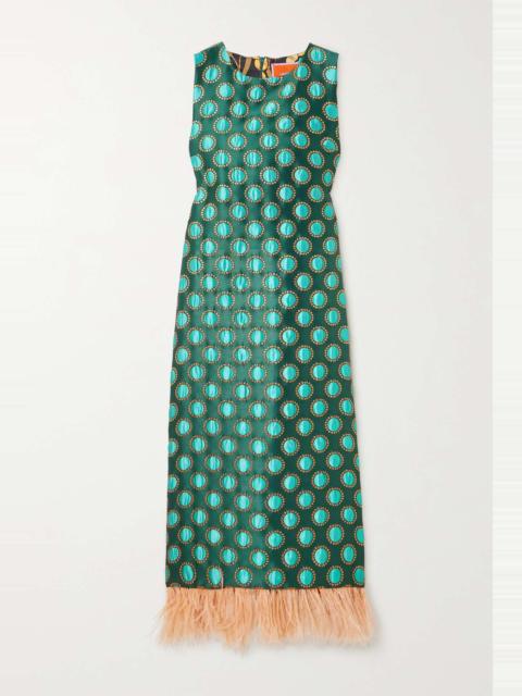 La DoubleJ Column feather-trimmed metallic jacquard midi dress