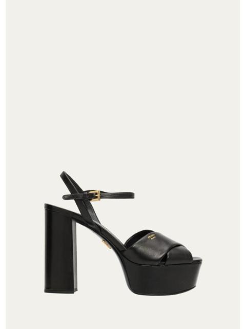 Prada 115mm Leather Crisscross Platform Sandals