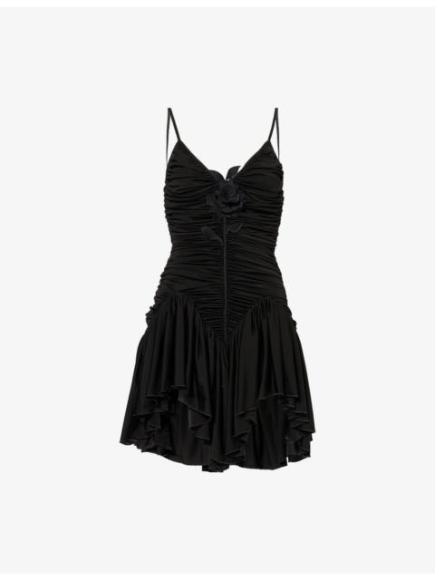 David Koma Ruched Floral-Embellished Woven Mini Dress