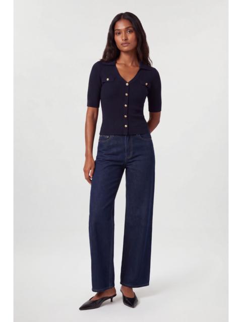 KAREN MILLEN Military Trim Rib Knit Short Sleeve Collared Top