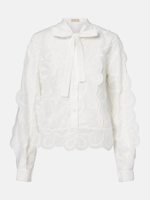 Embroidered tie-neck blouse