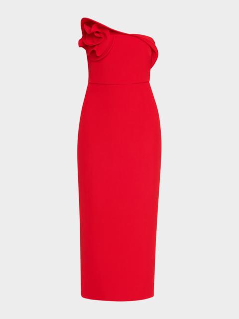 ROLAND MOURET Strapless Flower Drape Crepe Midi Dress