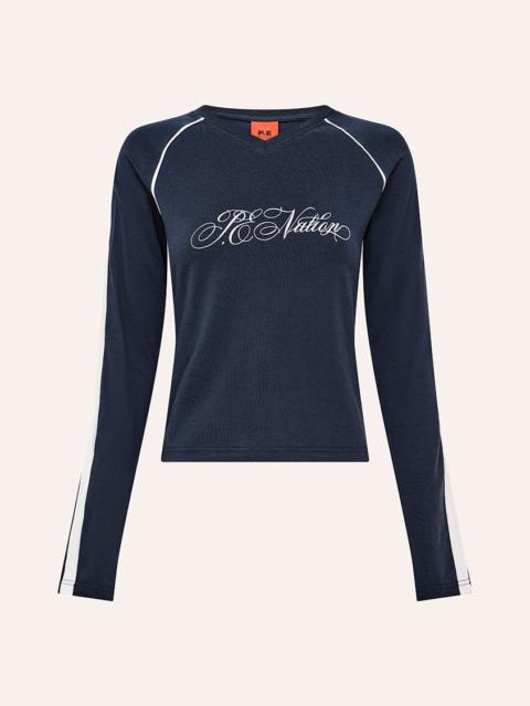P.E NATION STRIKE ZONE LONG SLEEVE V NECK TEE IN DARK NAVY