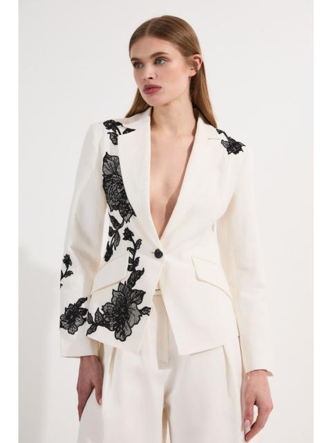 KAREN MILLEN Viscose Linen Placed Floral Lace Embroideried Tailored Jacket