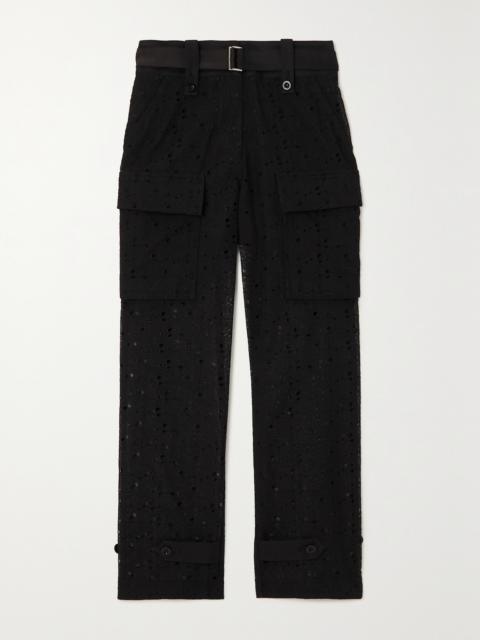 sacai Sacai Belted Cotton-blend Broderie Anglaise Straight-leg Pants