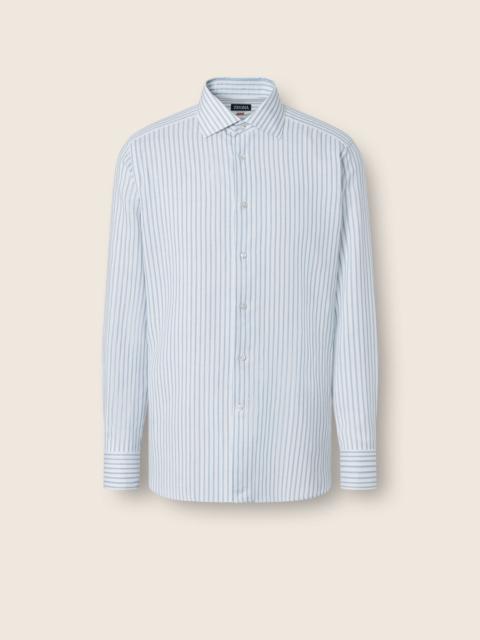 ZEGNA TEAL BLUE AND WHITE STRIPED COTTON LINEN AND SILK SHIRT