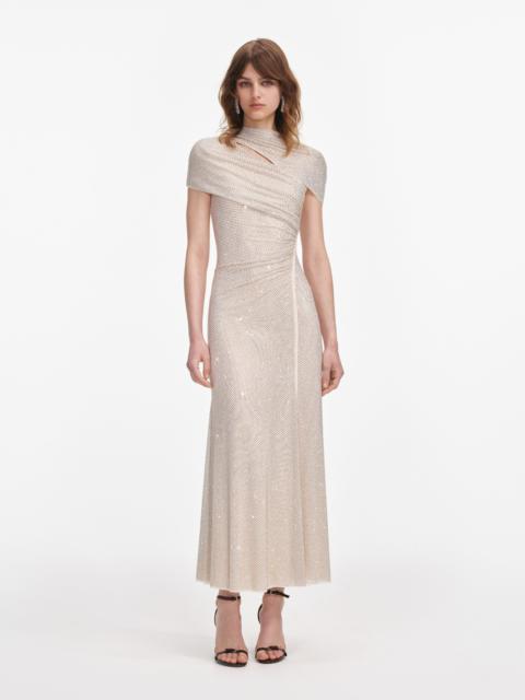 Champagne Rhinestone Mesh Cut Out Midi Dress