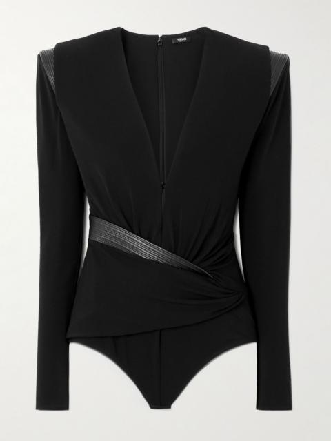 VERSACE Wrap-effect leather-trimmed crepe-jersey bodysuit Black