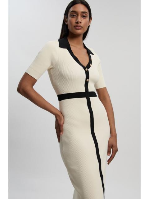 KAREN MILLEN Knit Rib With Contrast Waist Detail Collared Short Sleeve Midi Dress