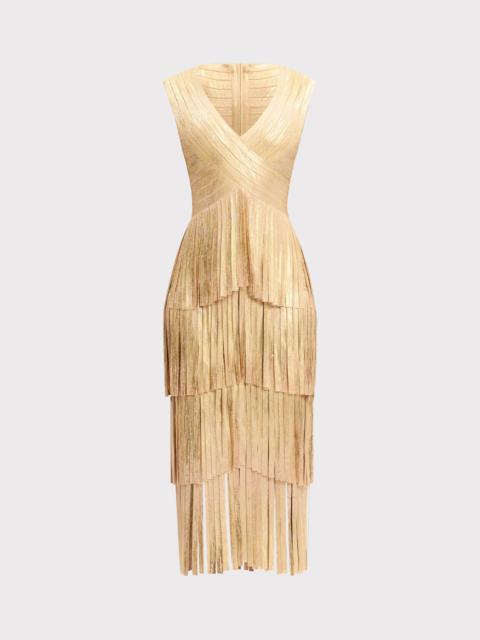 HERVE LEGER V NECK FOIL FRINGE MIDI DRESS
