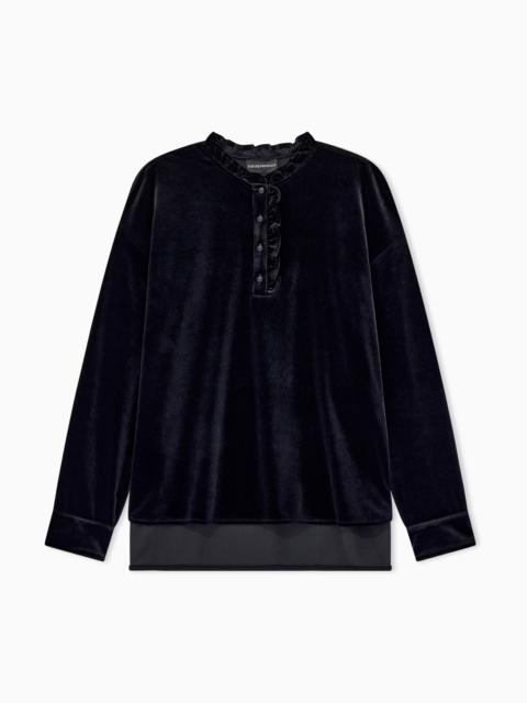 EMPORIO ARMANI CHENILLE JUMPER WITH RUFFLED NECKLINE AND BUTTON PLACKET