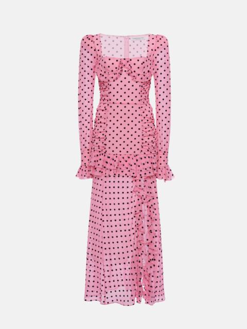 Alessandra Rich FLOCKED POLKA DOT SILK GEORGETTE DRESS WITH VOLANT