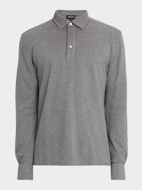 ZEGNA Men's Leather-Trim Melange Cotton Long-Sleeve Polo Shirt