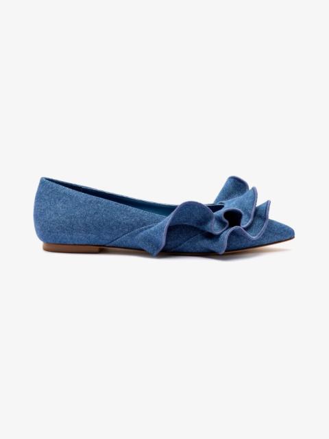 Larroudé Lee Ruffle Flat In Blue Denim