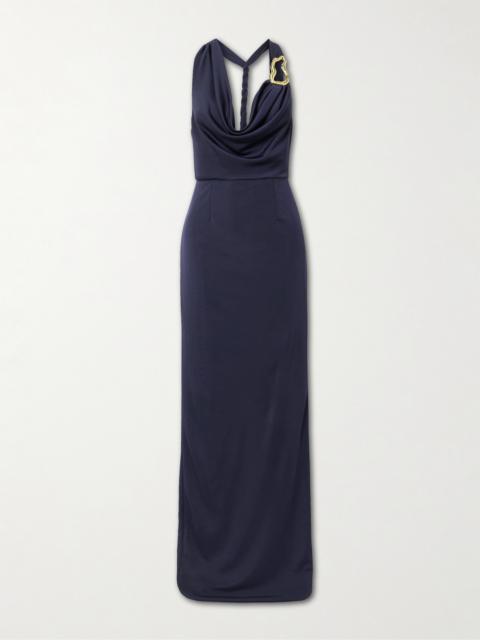REBECCA VALLANCE Ayesha Draped Embellished Stretch Satin-jersey Halterneck Gown