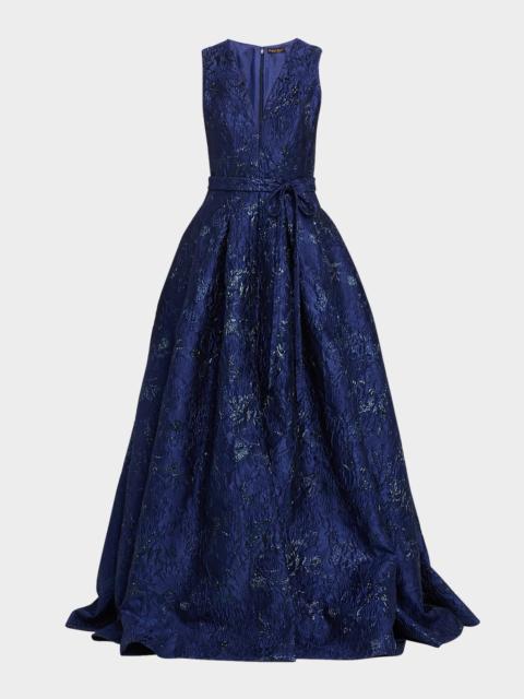 REEM ACRA Deep V-Neck Textured Metallic Jacquard Ball Gown