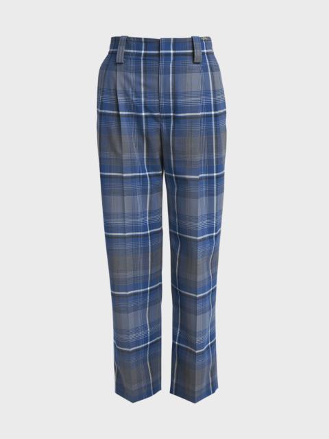 Mid-Rise Check Double-Pleated Straight-Leg Trousers