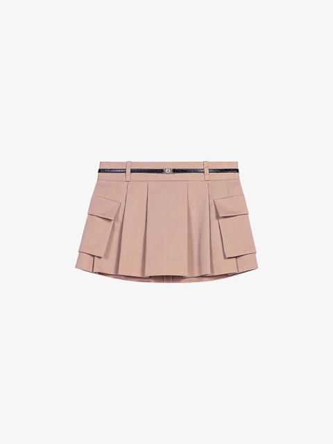 Buckle-embellished mid-rise pleated cotton mini skirt