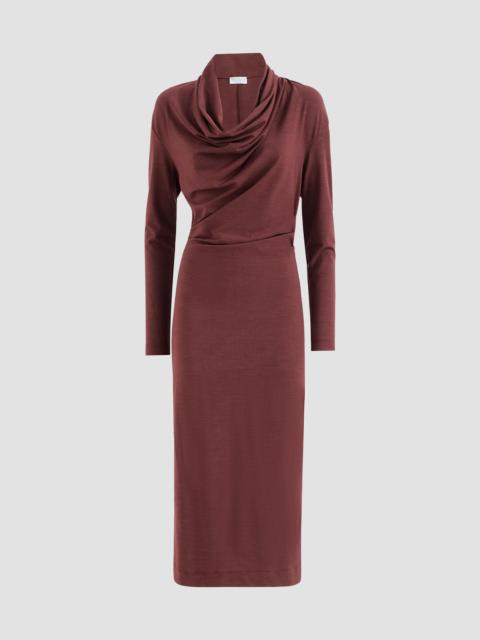 Brunello Cucinelli Women's Techno Wool Jersey Dress with Draping and Monili - Red