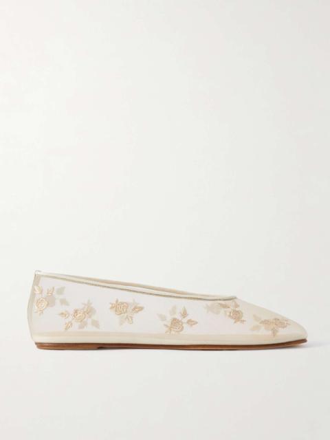 Leather-trimmed embroidered mesh ballet flats