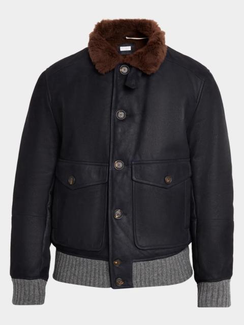 Brunello Cucinelli Men's Shearling-Collar Leather Bomber Jacket