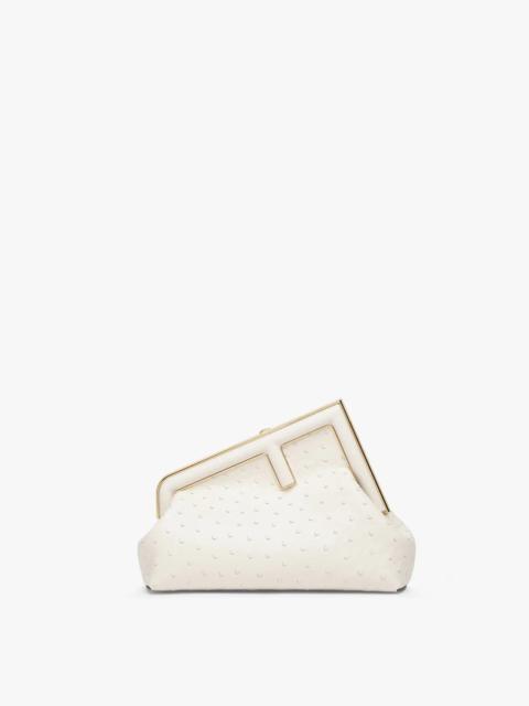 FENDI Small Fendi First bag made of exquisite white ostrich leather with oversized metal F clasp bound in 