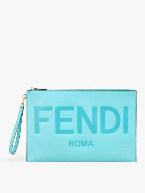 FENDI Large pouch with removable bracelet handle. Zipper closure. Made of turquoise leather with Fendi Rom