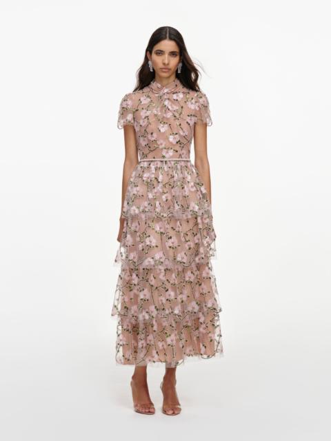 self-portrait Pink Sequin Embellished Tiered Midi Dress