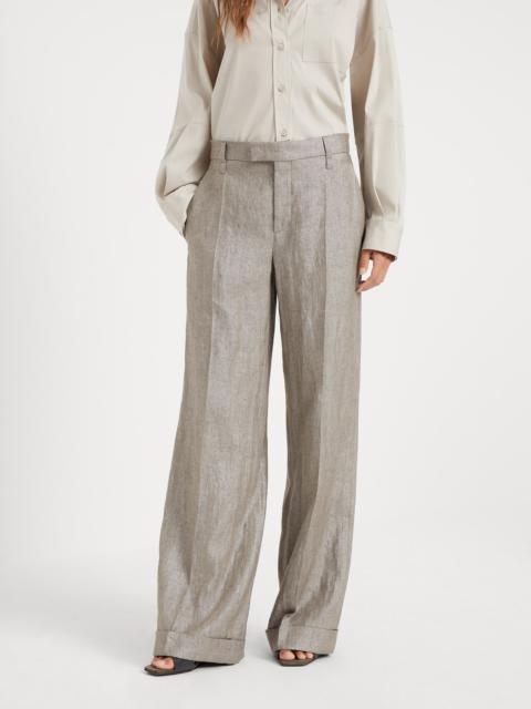 Sparkling linen twill loose flared trousers with monili