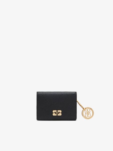 GANNI CARD HOLDER WITH FLAP IN GRAINED BLACK WITH GOLD
