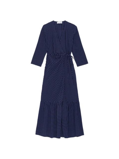 gingham-check pattern wrap midi dress