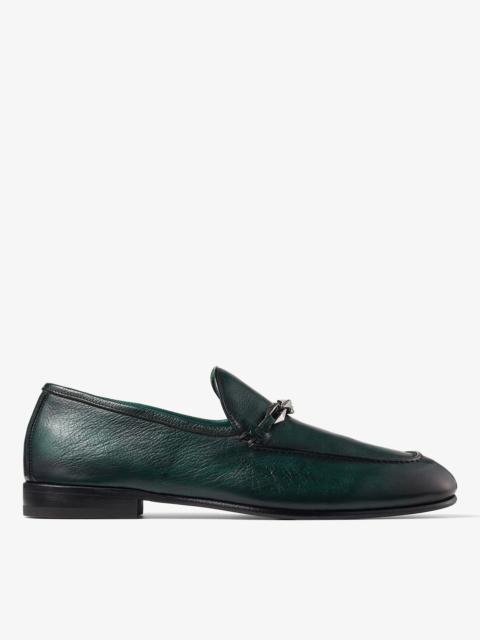 JIMMY CHOO Marti Reverse
Dark Green Buffalo Leather Shoes with Diamond Chain