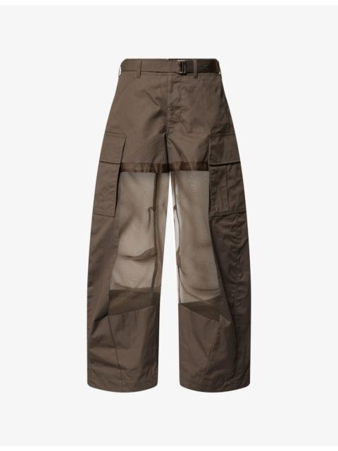 sacai Sheer-Panel Wide-Leg Cotton Trousers