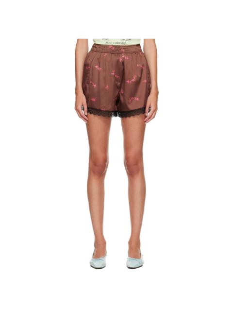 GANNI Brown Printed Sandwashed Silk Satin Lace Hem Shorts