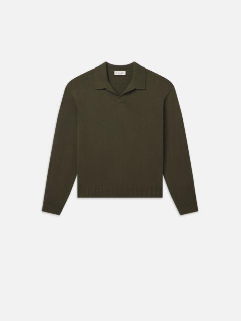 Silk Blend Polo Sweater in Dark Olive