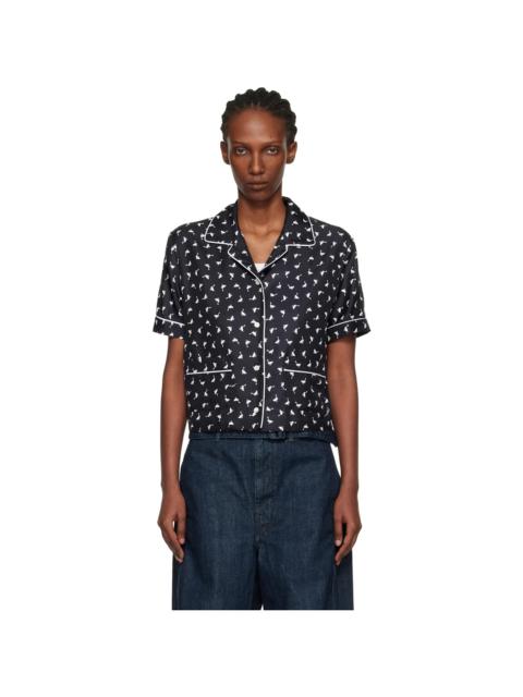 Moschino Black All Over Small Goose Print Silk Twill Blouse