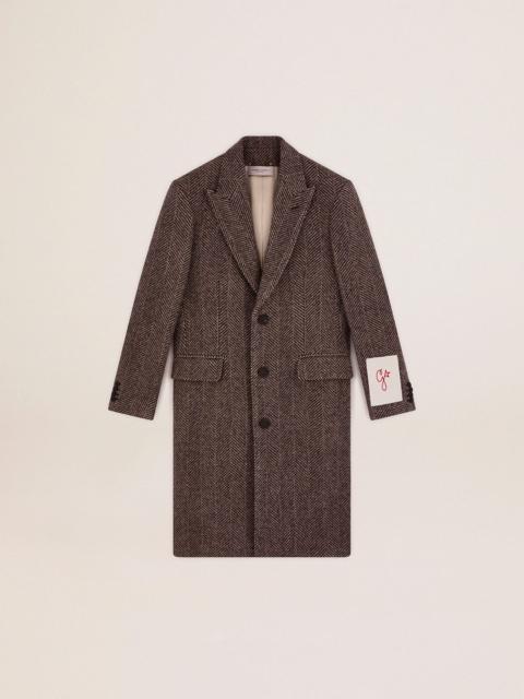 Men's single-breasted wool coat with beige and gray herringbone weave