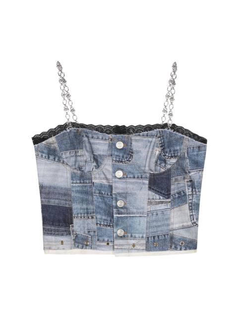 Andersson Bell denim-patchwork-print cropped top