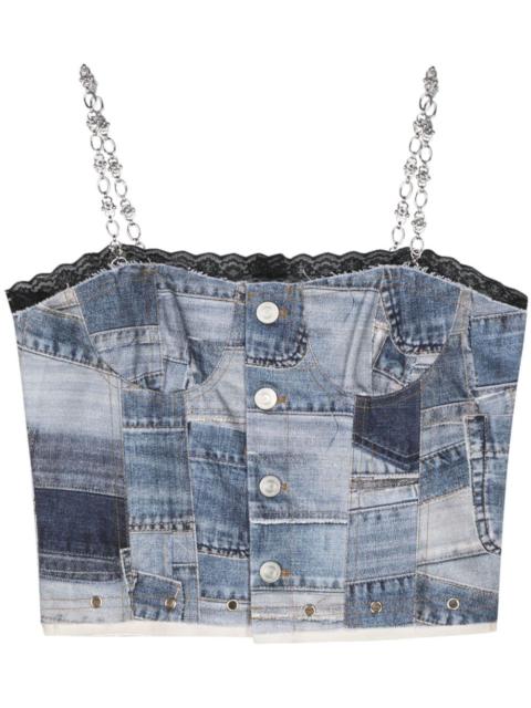 denim-patchwork-print cropped top