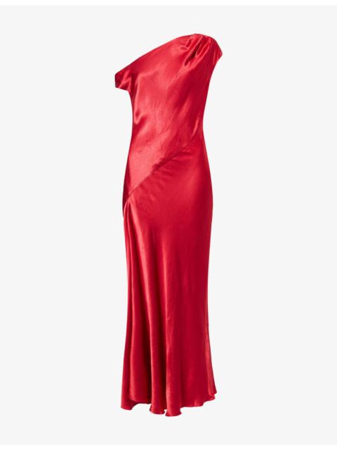 SHONA JOY Tatum Asymmetrical Satin Maxi Dress