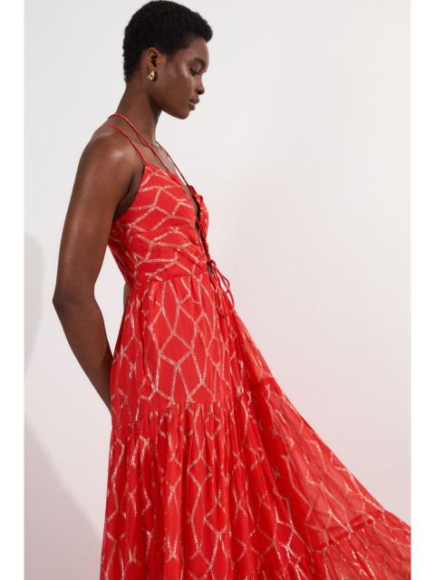 KAREN MILLEN Petite Viscose Sparkle Tie Detail Tiered Skirt Woven Maxi Dress