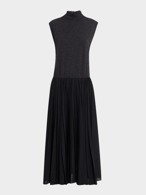 Brunello Cucinelli Mixed-Media Pleated Gauze Midi T-Shirt Dress